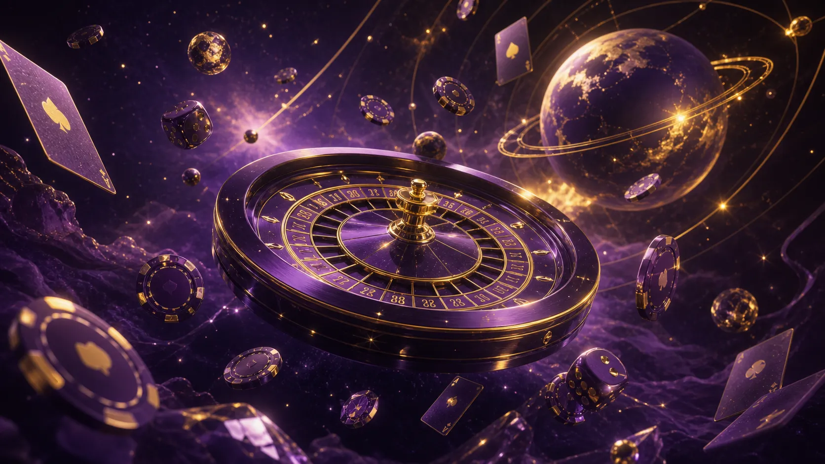 Glossy 3D isometric render of futuristic casino elements like floating poker chips and glowing dice, inspired by Astropay's c