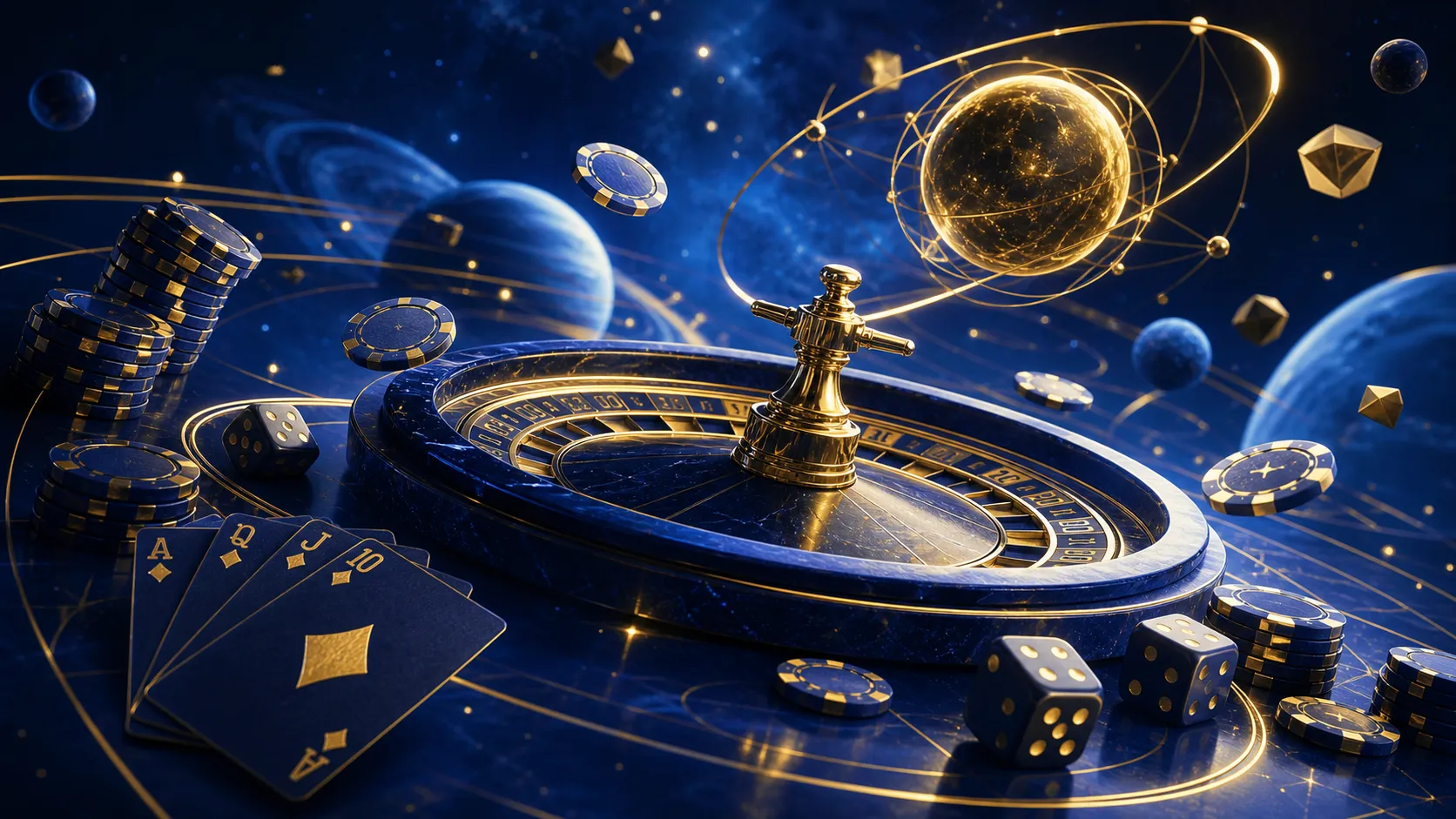 Astropay-themed casino banner with floating poker chips, neon accents, and luxury elements in a dramatic composition.